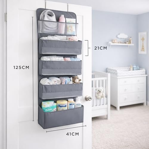 CLAPONE Over the Door Organizer/Large Pockets – Anti-Tilt Hanging Storage for Bedroom/Closet Door Storage/Bathroom/Pantry/Nursery/Bedroom (Grey, 4 Shelf Hanging Door) - Image 2