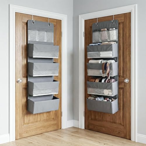 CLAPONE Over the Door Organizer/Large Pockets – Anti-Tilt Hanging Storage for Bedroom/Closet Door Storage/Bathroom/Pantry/Nursery/Bedroom (Grey, 4 Shelf Hanging Door) - Image 1