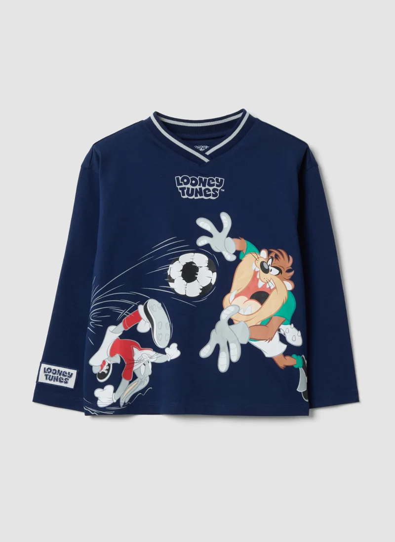 Ovs OVS Blue Long-Sleeve Pure Cotton Looney Tunes Print T-Shirt For Boys
