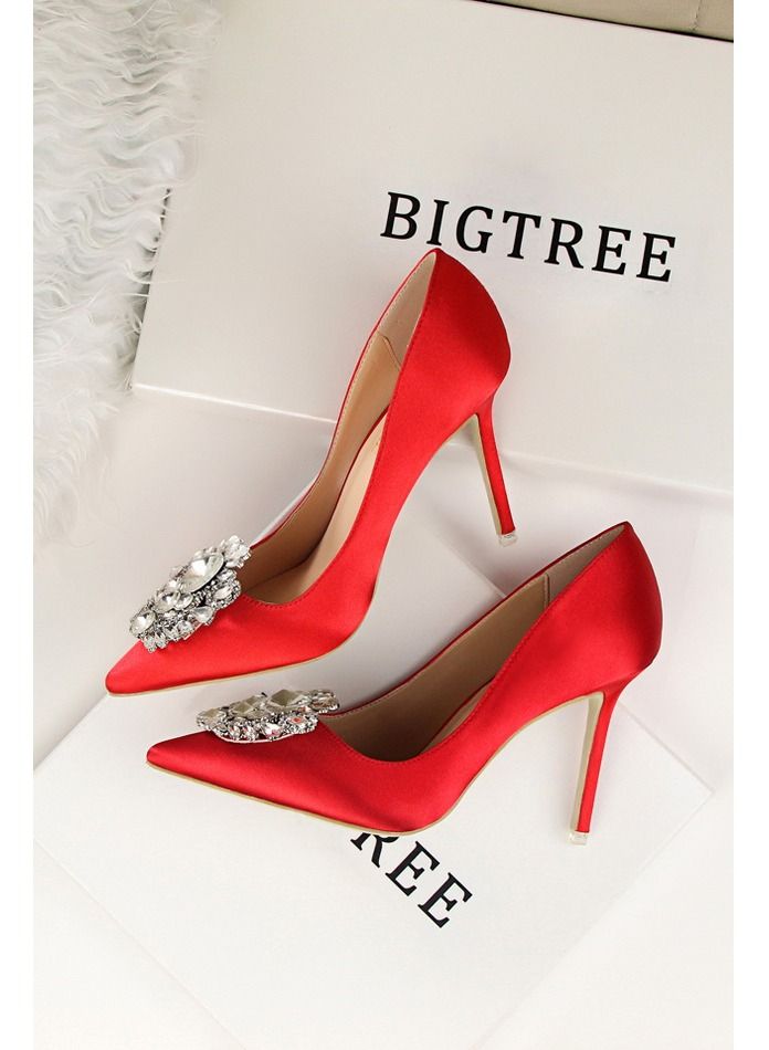 BIGTREE حذاء بكعب عالٍ مدبب من الأمام ارتفاع الكعب 10 سم أحمر - Image 2