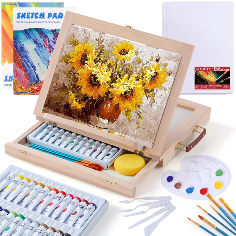 Wooden Tabletop Art Easel Set for Painting 54 Pieces Starter Acrylic Paint Set with 24 Colors Acrylic Paints Canvases Sketch Pads Brushes and Palette for Beginners Young Artists and Adults