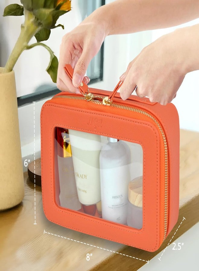 NGIL Clear Faux Leather Travel Toiletry Bag, Makeup Bag Organizer for Women, Clear Window & Gold Zipper Makeup Bag, Road Trip Essential, Skincare, Cruise Ship Essentials (Orange) - Image 3