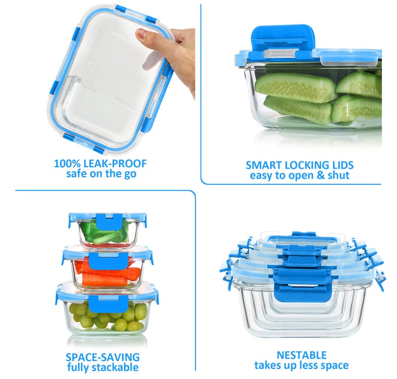 KOMUEE 24 Pieces Glass Food Storage Containers Set,Glass Meal Prep Containers-Stackable Airtight Glass Storage Containers with lids,Freezer, Microwave, Oven Safe,Blue - Image 4