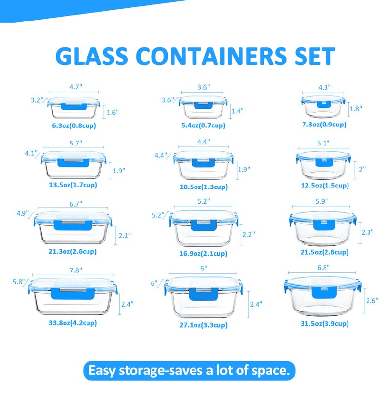 KOMUEE 24 Pieces Glass Food Storage Containers Set,Glass Meal Prep Containers-Stackable Airtight Glass Storage Containers with lids,Freezer, Microwave, Oven Safe,Blue - Image 2