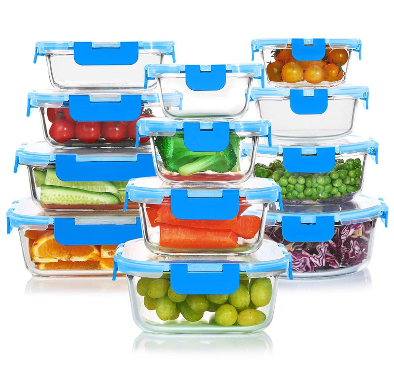 KOMUEE 24 Pieces Glass Food Storage Containers Set,Glass Meal Prep Containers-Stackable Airtight Glass Storage Containers with lids,Freezer, Microwave, Oven Safe,Blue - Image 1