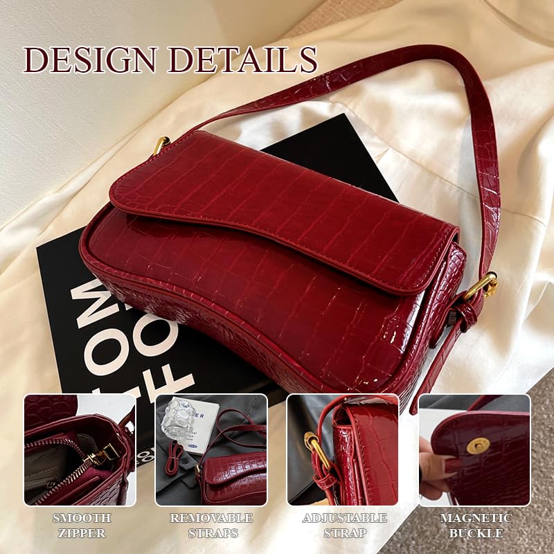 HitTopss 2025 Small Shoulder Bag Y2K Purse for Women, Crocodile Clutch Purse Handbag Satchel Tote Bag Classic Retro Crossbody Bag (Red) - Image 4