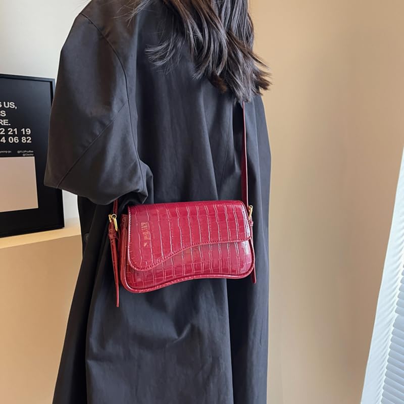 HitTopss 2025 Small Shoulder Bag Y2K Purse for Women, Crocodile Clutch Purse Handbag Satchel Tote Bag Classic Retro Crossbody Bag (Red) - Image 2