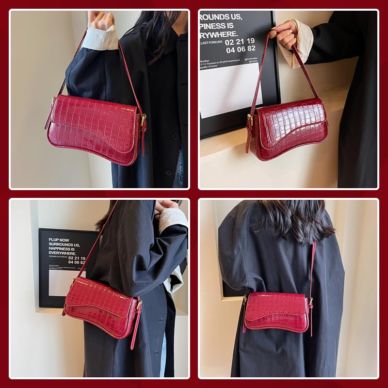 HitTopss 2025 Small Shoulder Bag Y2K Purse for Women, Crocodile Clutch Purse Handbag Satchel Tote Bag Classic Retro Crossbody Bag (Red) - Image 5