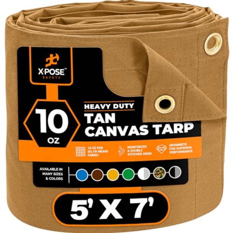 Canvas Tarp - 10oz Tan Canvas Tarps Heavy Duty Water Resistant with Brass Grommets- Multipurpose Outdoor Tarpaulin for Camping, Canopy, Trailer, Equipment Cover 5' x 7' - Image 1