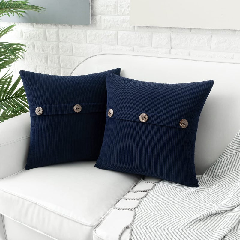 HWY 50 Navy Blue Chenille Throw Pillow Covers 18x18 Inch with Triple Buttons, Soft Farmhouse Accent Decorative Cushion Cases for Couch Sofa Bed Living Room Pack of 2 - Image 3