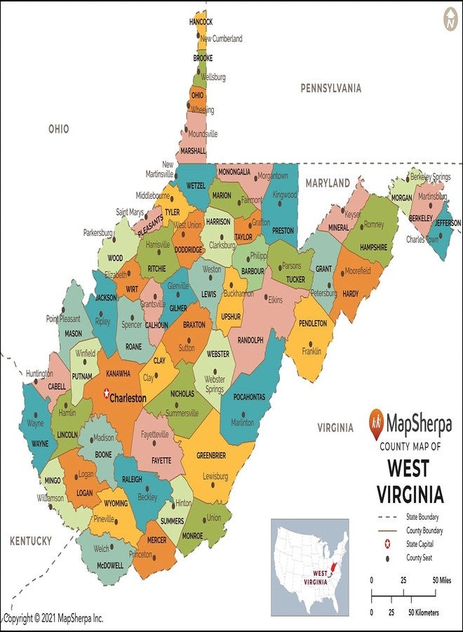 MapSherpa West Virginia Counties Map - Standard - 36" x 26" Laminated - Image 1