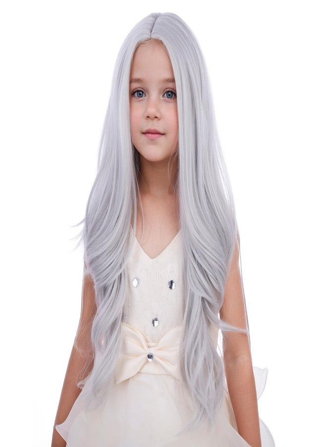 PATTNIUM Silver Gray Wig for Kids Girls Long Curly Wavy Gray Wigs Child Middle Part Synthetic Wigs - Image 3