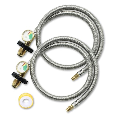CADOAHJ 36 Inch RV Propane Pigtail Hoses with Gauge Stainless Steel Braided Camper Tank Hose Rv lp Gas Hoses Connector for Standard TwoStage Regulator 14 inverted male flarePOL Fitting 2 Pack - Image 1