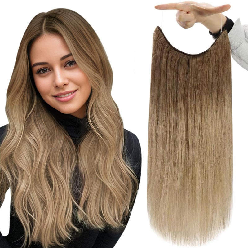 Fshine Invisible Wire Hair Extensions Ombre Light Brown to Dirty Blonde Wire Hidden Hair Extensions 16 Inch Clip in One Piece Straight Human Hair with Transparent Fish Line 80 G