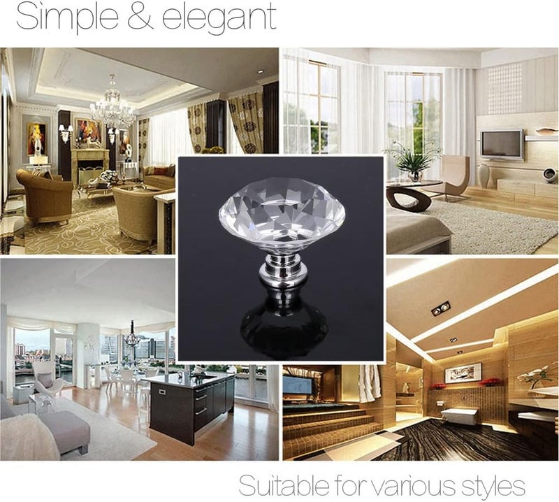 Akstore 6 Pcs Crystal Glass Cabinet Knobs 30mm Diamond Shape Drawer Kitchen Cabinets Dresser Cupboard Wardrobe Pulls Handles (40mm,6pcs, Clear) - Image 3