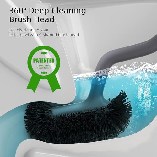 HAMITOR Toilet Bowl Brush Holder Set: Bathroom Deep Cleaning Toilet Cleaner Scrubber Under Rim with Curved Bristle for Dead Corner Clean - Hidden Rv Toilet Decorative Accessories with Caddy- Gray - Image 2