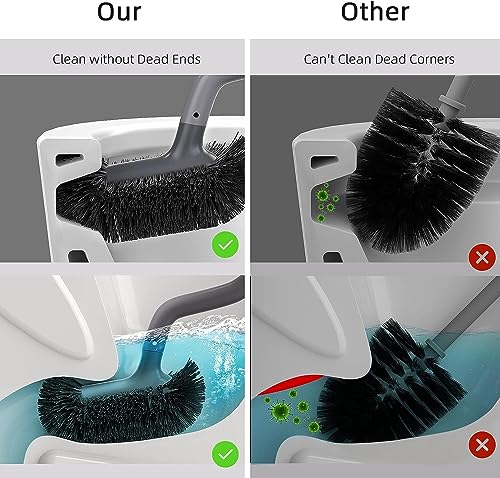 HAMITOR Toilet Bowl Brush Holder Set: Bathroom Deep Cleaning Toilet Cleaner Scrubber Under Rim with Curved Bristle for Dead Corner Clean - Hidden Rv Toilet Decorative Accessories with Caddy- Gray - Image 3