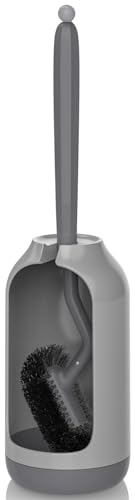 HAMITOR Toilet Bowl Brush Holder Set: Bathroom Deep Cleaning Toilet Cleaner Scrubber Under Rim with Curved Bristle for Dead Corner Clean - Hidden Rv Toilet Decorative Accessories with Caddy- Gray - Image 1
