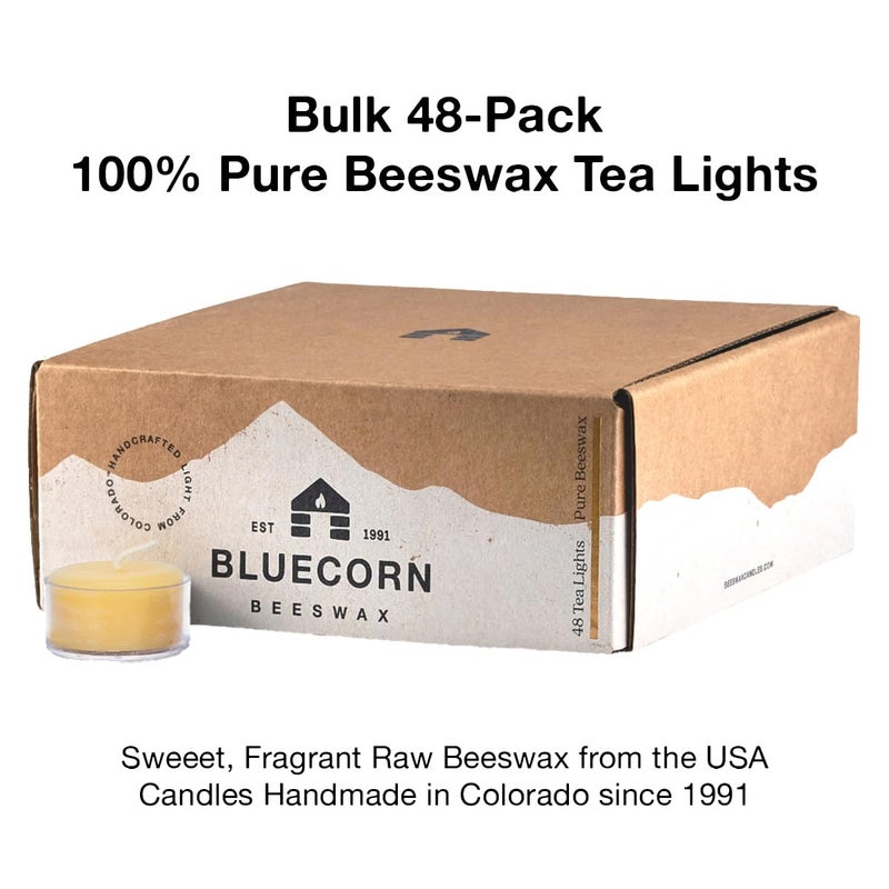 Bluecorn Beeswax شموع شاي ضوء شمع العسل من بلوكورن، 100% شمع عسل طبيعي نقي، شموع شاي ضوء صفراء، خالية من العطور، شمع خالي من البارافين وفول الصويا، احتراق نظيف، تدوم طويلاً، مصنوعة في أمريكا، زينة عيد الميلاد، 48 عبوة - Image 3