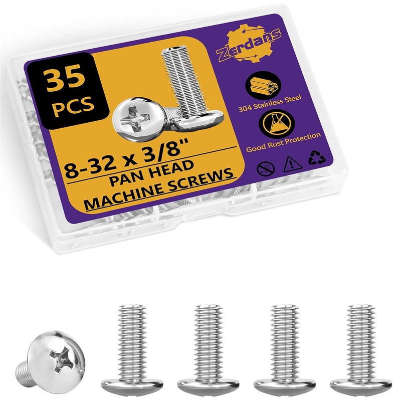 ZerDans 8-32 x 3/8" Machine Screws, 35 PCS Phillips Pan Head Electrical Outlet Machine Screws 304 Stainless Steel, Wall Plate Receptacles Mounting for Switch Plate, Cabinet Door and Drawer - Image 1