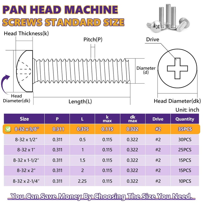 ZerDans 8-32 x 3/8" Machine Screws, 35 PCS Phillips Pan Head Electrical Outlet Machine Screws 304 Stainless Steel, Wall Plate Receptacles Mounting for Switch Plate, Cabinet Door and Drawer - Image 5