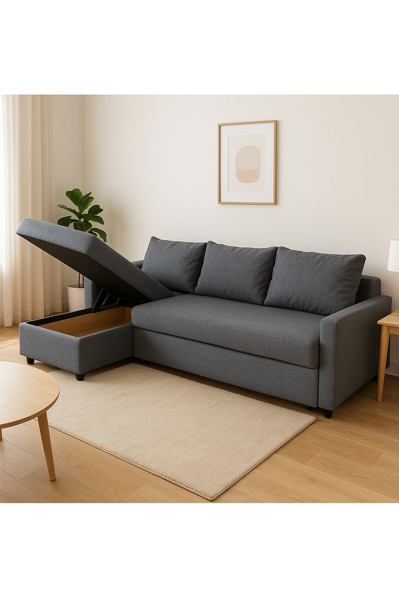 كرنك أريكة سرير على شكل حرف L مع مساحة تخزين - أريكة قابلة للتحويل إلى سرير، أريكة مقطعية موفرة للمساحة، تنجيد من القماش الرمادي - Image 1