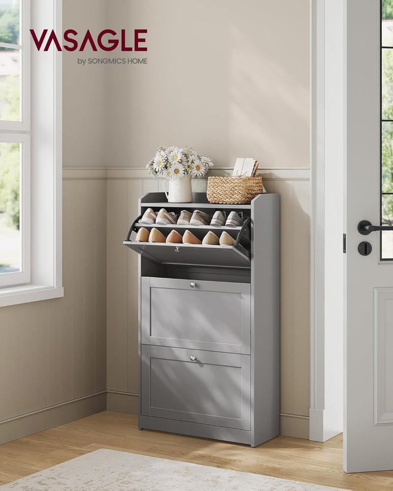 VASAGLE Shoe Cabinet with 3 Flip Drawers, Shoe Storage Cabinet, Adjustable and Removable Dividers, Holds up to 18 Pairs of Shoes, Entryway, 9.4 x 23.6 x 42.5 Inches, Dove Gray - Image 2