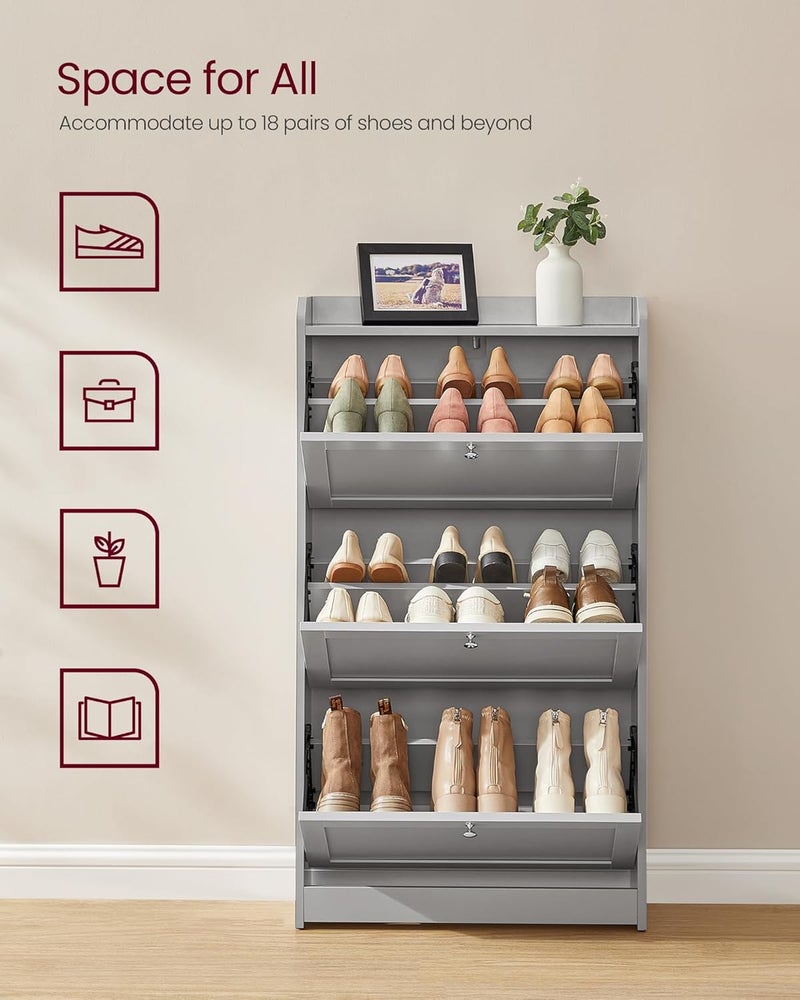 VASAGLE Shoe Cabinet with 3 Flip Drawers, Shoe Storage Cabinet, Adjustable and Removable Dividers, Holds up to 18 Pairs of Shoes, Entryway, 9.4 x 23.6 x 42.5 Inches, Dove Gray - Image 4