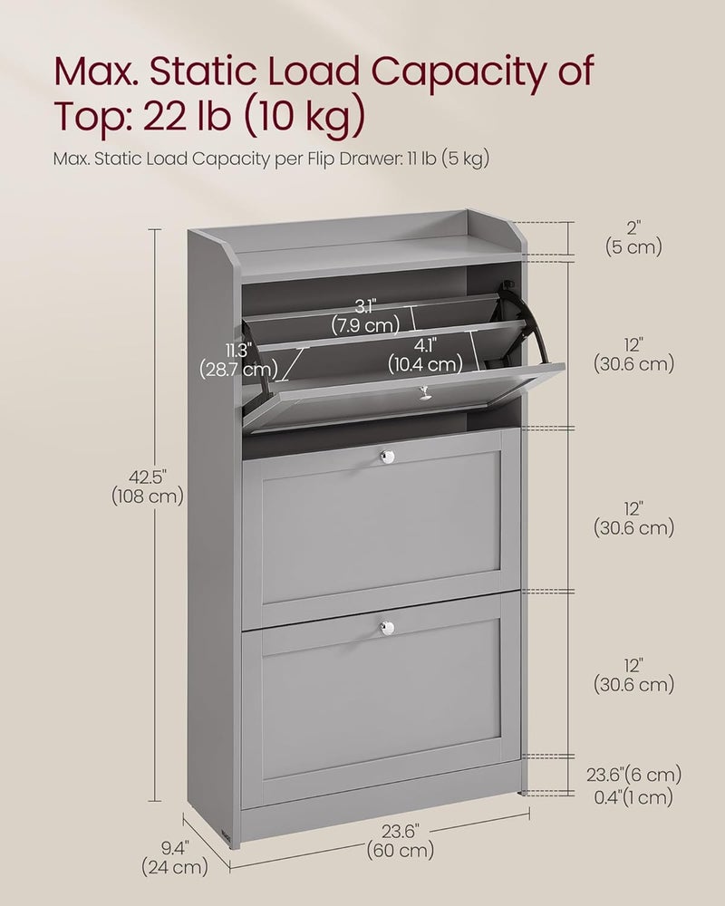VASAGLE Shoe Cabinet with 3 Flip Drawers, Shoe Storage Cabinet, Adjustable and Removable Dividers, Holds up to 18 Pairs of Shoes, Entryway, 9.4 x 23.6 x 42.5 Inches, Dove Gray - Image 3