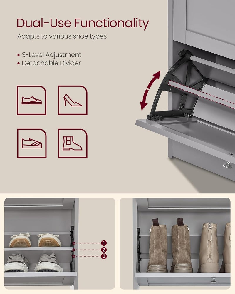VASAGLE Shoe Cabinet with 3 Flip Drawers, Shoe Storage Cabinet, Adjustable and Removable Dividers, Holds up to 18 Pairs of Shoes, Entryway, 9.4 x 23.6 x 42.5 Inches, Dove Gray - Image 5