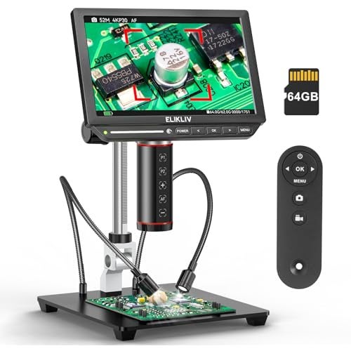 ELIKLIV ميكروسكوب رقمي 4K مع تركيز تلقائي من Elikliv EM4K-AF، ميكروسكوب لحام بدقة 52MP لإصلاح لوحات الدوائر المطبوعة، فحص العملات وصناعة الساعات، مكبر 2000X، شاشة IPS بحجم 8 بوصة، مخرجات HDMI/USB، حامل 10 بوصة، بطاقة 64GB - Image 1