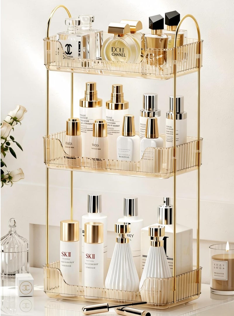 AiheArron Bathroom Organizer Countertop, Makeup Storage, Skincare Cosmetic Tray Shelf, Perfume Holder Rack for Vanity Counter, Large Capacity, Easy to Install, Clean, 3 Tiers, Amber Gold - Image 1