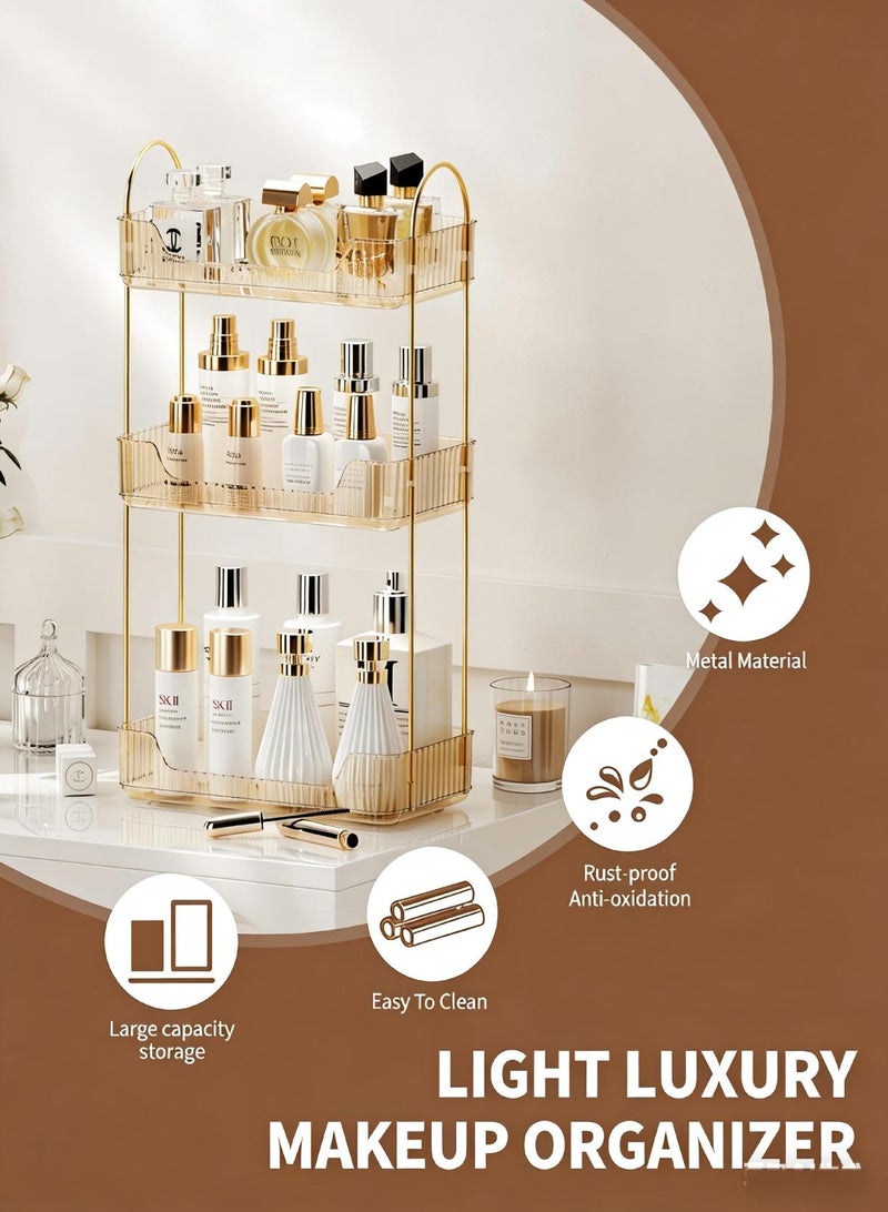 AiheArron Bathroom Organizer Countertop, Makeup Storage, Skincare Cosmetic Tray Shelf, Perfume Holder Rack for Vanity Counter, Large Capacity, Easy to Install, Clean, 3 Tiers, Amber Gold - Image 3