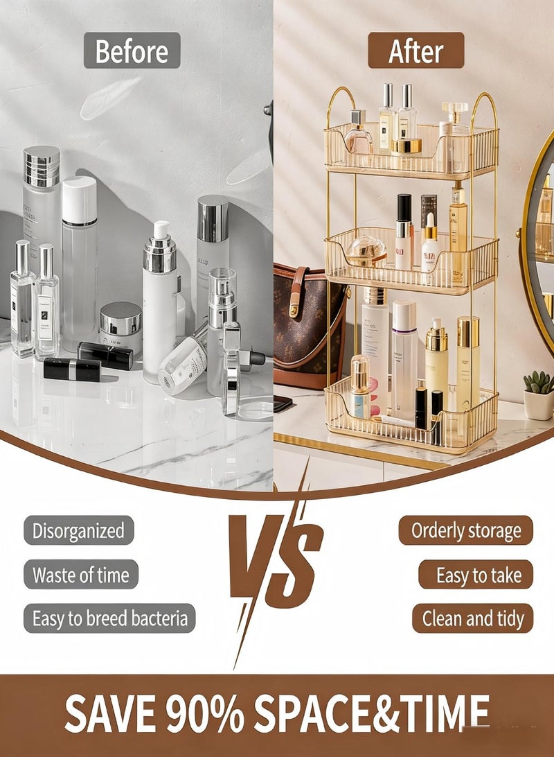 AiheArron Bathroom Organizer Countertop, Makeup Storage, Skincare Cosmetic Tray Shelf, Perfume Holder Rack for Vanity Counter, Large Capacity, Easy to Install, Clean, 3 Tiers, Amber Gold - Image 4