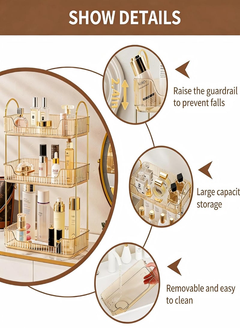 AiheArron Bathroom Organizer Countertop, Makeup Storage, Skincare Cosmetic Tray Shelf, Perfume Holder Rack for Vanity Counter, Large Capacity, Easy to Install, Clean, 3 Tiers, Amber Gold - Image 2