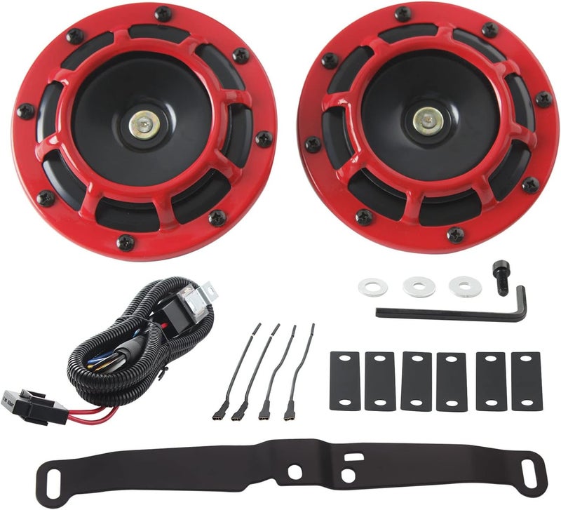 FARBIN Waterproof Car Horn Loud Super tone High Tone/Low Tone Metal Twin Horns Kit with Protective Grill (red horn with harness and bracket) - Image 1