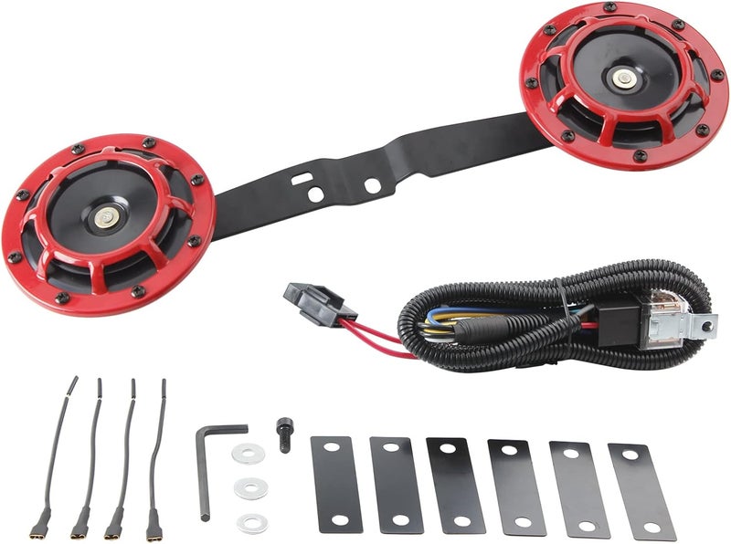 FARBIN Waterproof Car Horn Loud Super tone High Tone/Low Tone Metal Twin Horns Kit with Protective Grill (red horn with harness and bracket) - Image 3