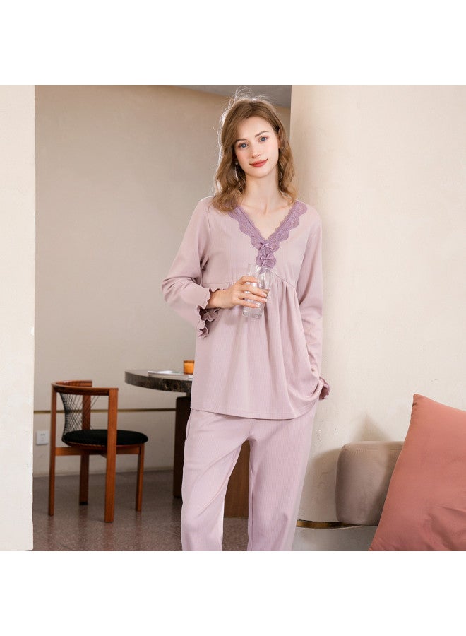Fenton lace V-neck Floral Trim Long-sleeve Women's Loungewear Pajama Set - Image 4