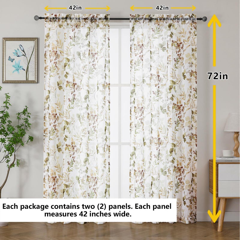 OWENIE Crushed Semi Sheer Curtains 72 Inch Length 2 Panels Set, Printing Floral Pattern Rod Pocket Light Filtering Farmhouse Curtains for Bedroom Living Room, 2 Pieces 84 Inch Wide, 72 inch Long - Image 5