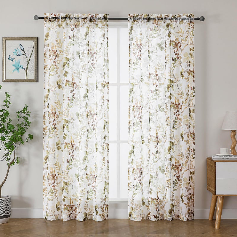OWENIE Crushed Semi Sheer Curtains 72 Inch Length 2 Panels Set, Printing Floral Pattern Rod Pocket Light Filtering Farmhouse Curtains for Bedroom Living Room, 2 Pieces 84 Inch Wide, 72 inch Long - Image 1