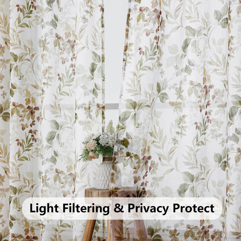 OWENIE Crushed Semi Sheer Curtains 72 Inch Length 2 Panels Set, Printing Floral Pattern Rod Pocket Light Filtering Farmhouse Curtains for Bedroom Living Room, 2 Pieces 84 Inch Wide, 72 inch Long - Image 2