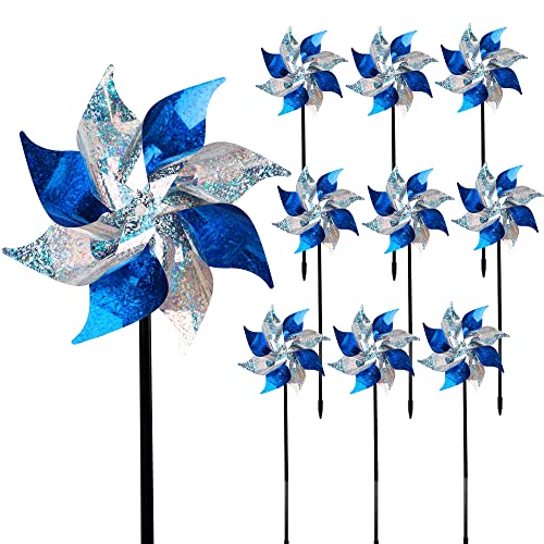 Hausse 10 Pack Reflective Pinwheels, Extra Sparkly Pinwheel, Bird Repellent Devices Deterrent to Scare Birds Away from Yard Patio Farm, Blue & Silver - Image 1
