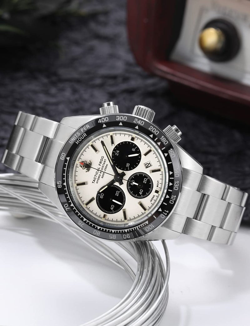 TACTICAL FROG Watch for Men 41mm Panda Chronograph VS75A Solar Quartz Movement Watches Sapphire C3 Luminous 200M Waterproof, White - Image 2