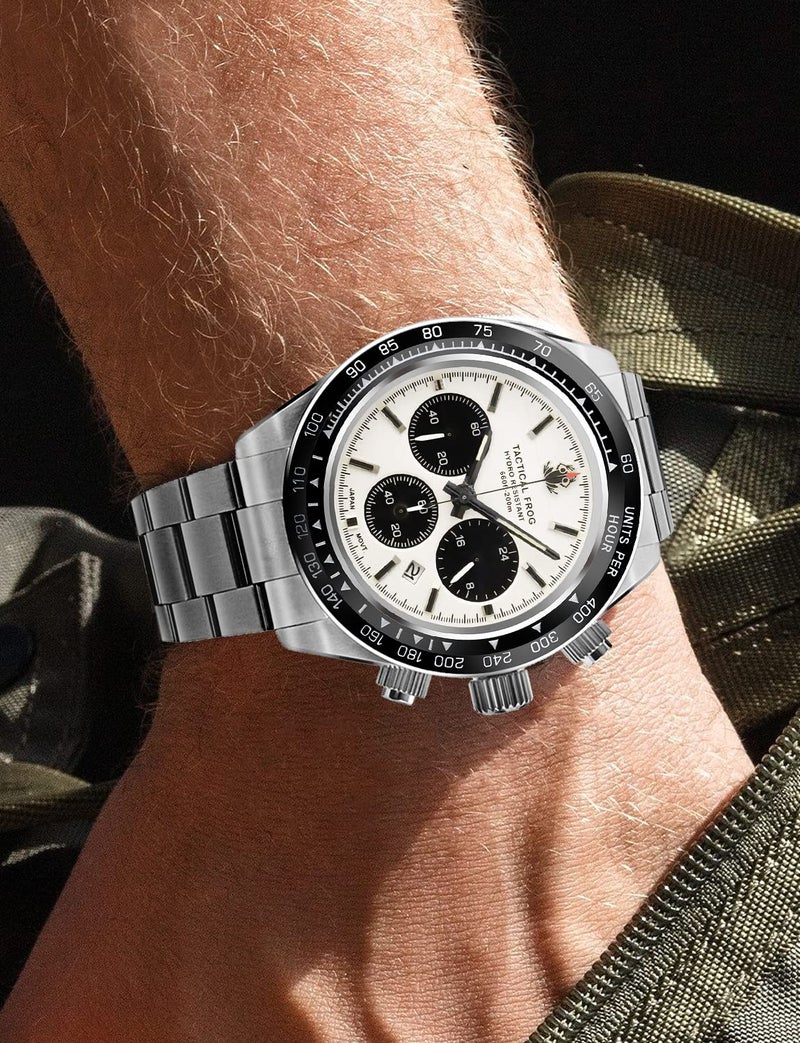 TACTICAL FROG Watch for Men 41mm Panda Chronograph VS75A Solar Quartz Movement Watches Sapphire C3 Luminous 200M Waterproof, White - Image 5