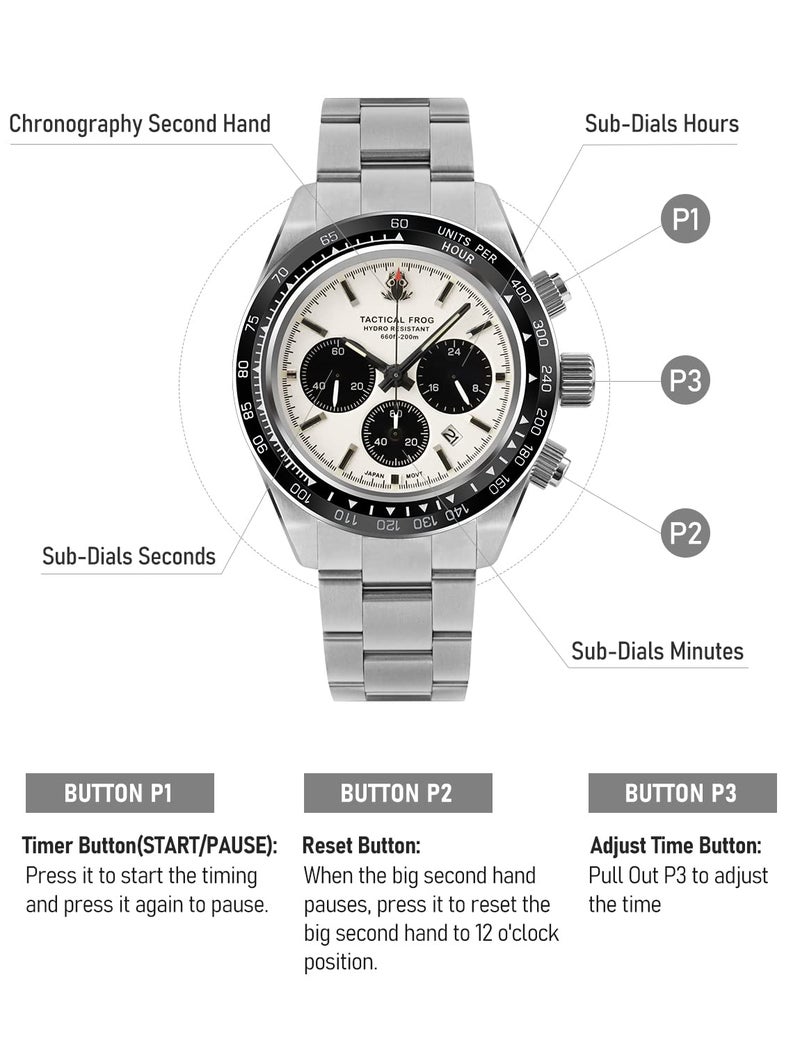 TACTICAL FROG Watch for Men 41mm Panda Chronograph VS75A Solar Quartz Movement Watches Sapphire C3 Luminous 200M Waterproof, White - Image 4