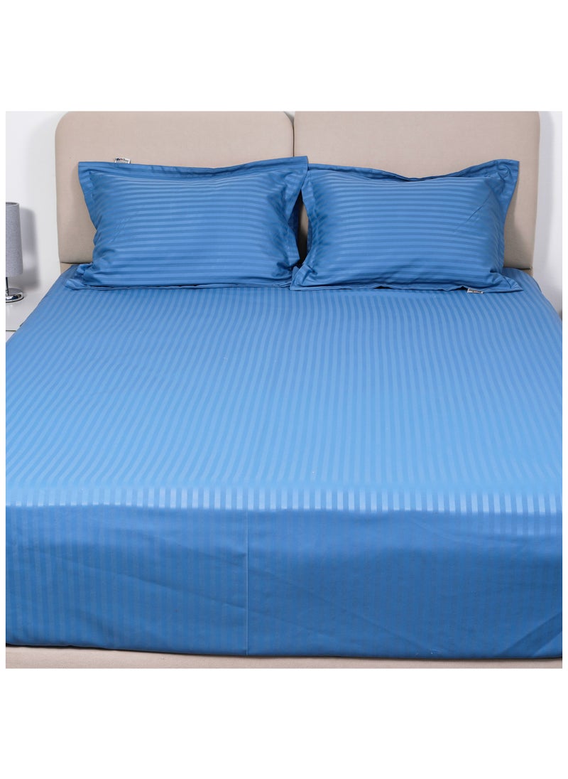 BedNHome Fitted Bed Sheet Set, 100% Egyptian Cotton, 350Tc, Stripe, 1Cm, Blue ,2Pillowcases. 200X200Cm  - Image 1