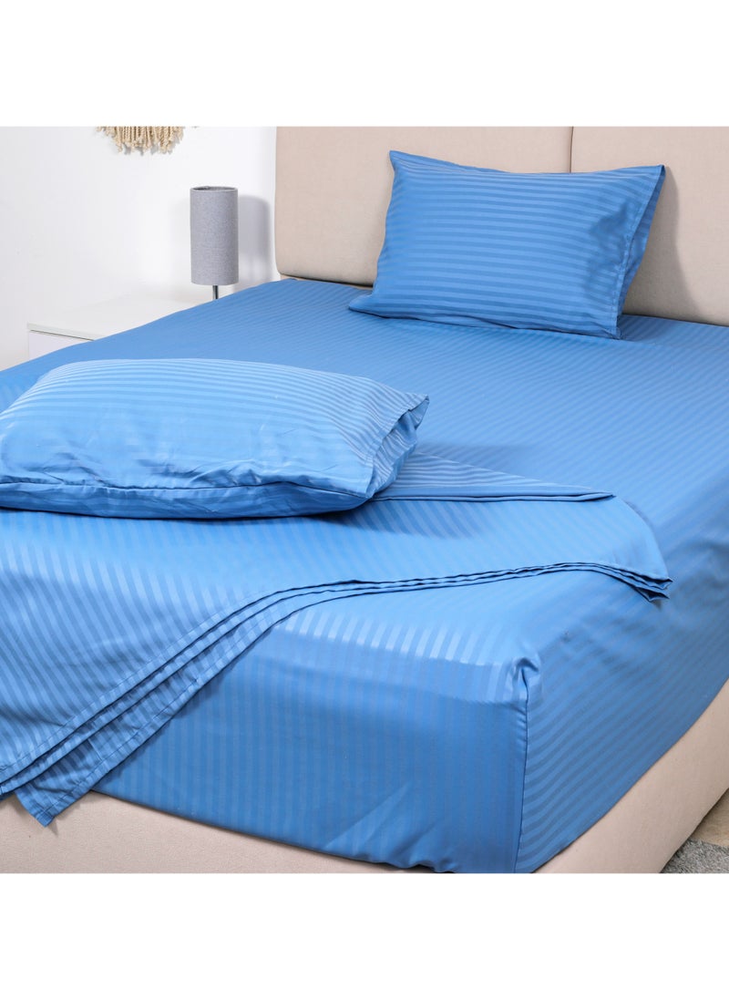 BedNHome Fitted Bed Sheet Set, 100% Egyptian Cotton, 350Tc, Stripe, 1Cm, Blue ,2Pillowcases. 200X200Cm  - Image 3