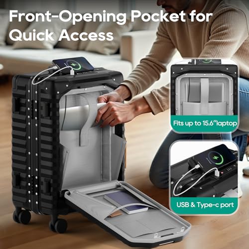 Joyway 20 Inch Carry on Luggage with Aluminium Frame and Front Pocket, PC Hardshell Suitcase with USB Port and Cup Holder, 21.5x14.2x9 Airline Approved, Luggage with Spinner Wheels and TSA Lock(Black) - Image 2