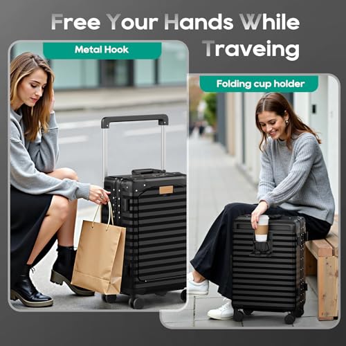 Joyway 20 Inch Carry on Luggage with Aluminium Frame and Front Pocket, PC Hardshell Suitcase with USB Port and Cup Holder, 21.5x14.2x9 Airline Approved, Luggage with Spinner Wheels and TSA Lock(Black) - Image 4