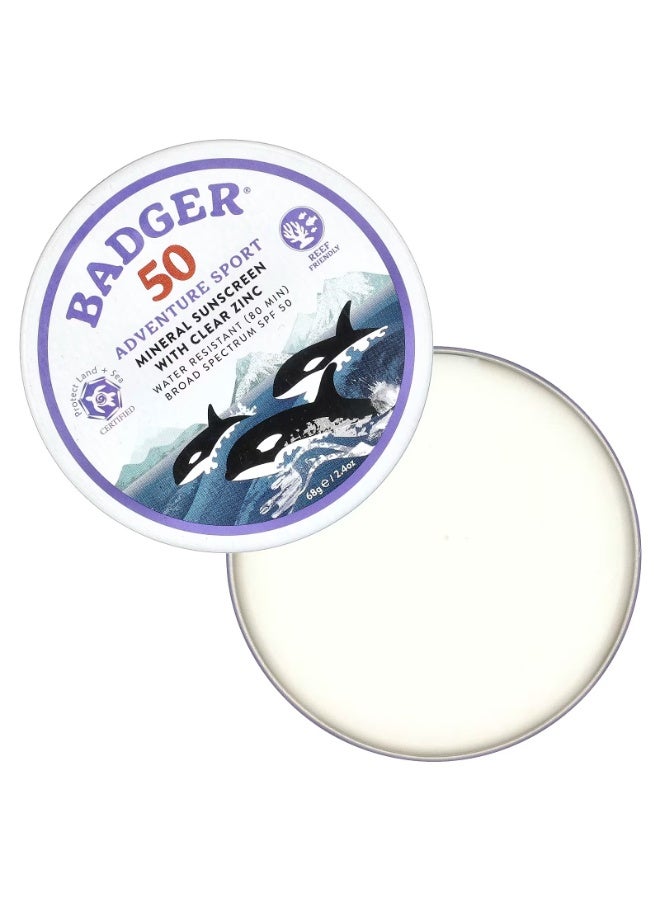 Badger, Adventure Sport, Mineral Sunscreen with Clear Zinc, SPF 50, Unscented, 2.4 oz (68 g) - Image 1